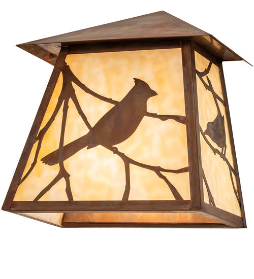 Meyda Lighting Stillwater 12" Vintage Copper Song Bird Wall Sconces With Beige Art Shade Glass