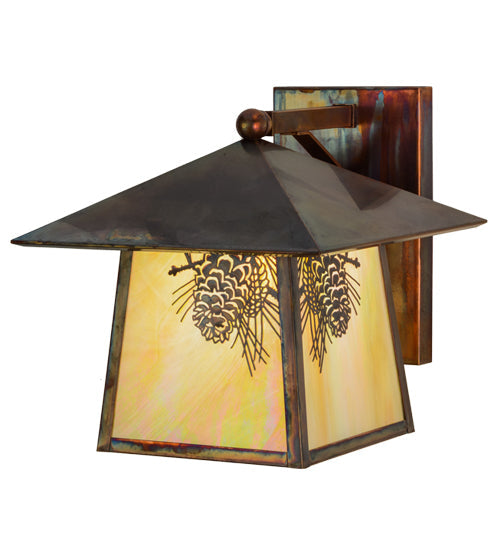 Meyda Lighting Stillwater 12" Vintage Copper Winter Pine Solid Mount Wall Sconce With Beige Iridescent Shade