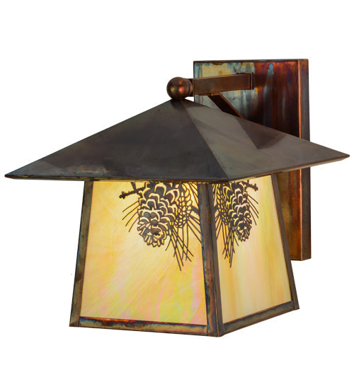 Meyda Lighting Stillwater 12" Vintage Copper Winter Pine Solid Mount Wall Sconce With Beige Iridescent Shade