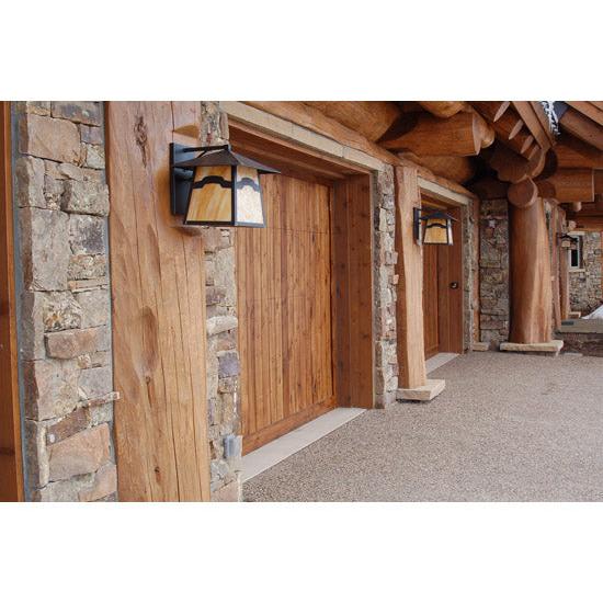 Meyda Lighting Stillwater 12" W x 12" H Craftsman Brown Mountain View Wall Sconce With Beige Shade Glass