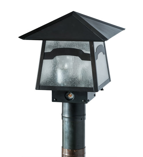 Meyda Lighting Stillwater 12"Sq 2-Light Craftsman Brown Mountain View Post Mount Light With Clear Seeded Shade Glass