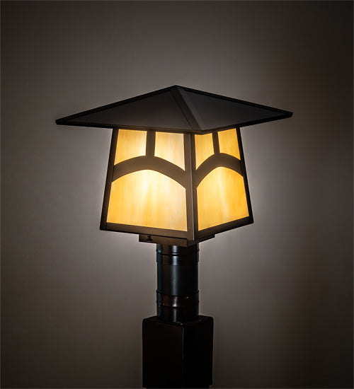 Meyda Lighting Stillwater 12"Sq Craftsman Brown Hill Top Outdoor Post Mount Light With Beige Art Shade Glass