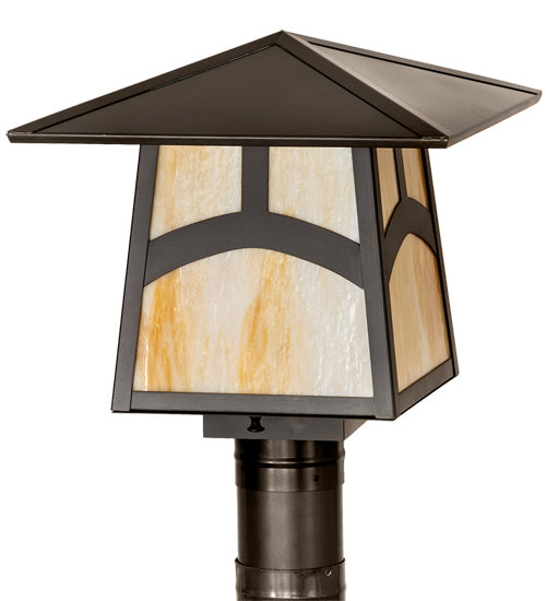 Meyda Lighting Stillwater 12"Sq Craftsman Brown Hill Top Outdoor Post Mount Light With Beige Art Shade Glass