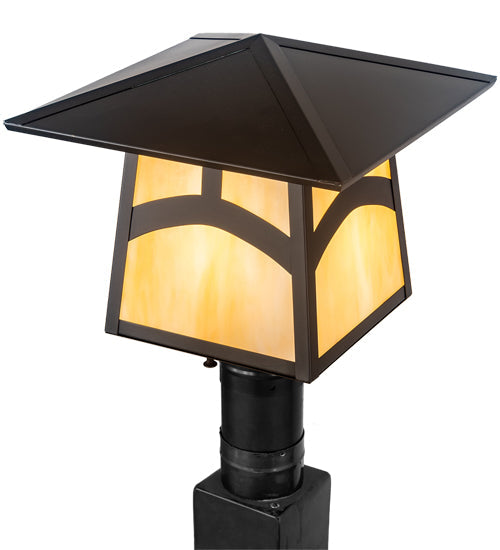 Meyda Lighting Stillwater 12"Sq Craftsman Brown Hill Top Outdoor Post Mount Light With Beige Art Shade Glass
