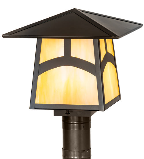 Meyda Lighting Stillwater 12"Sq Craftsman Brown Hill Top Outdoor Post Mount Light With Beige Art Shade Glass