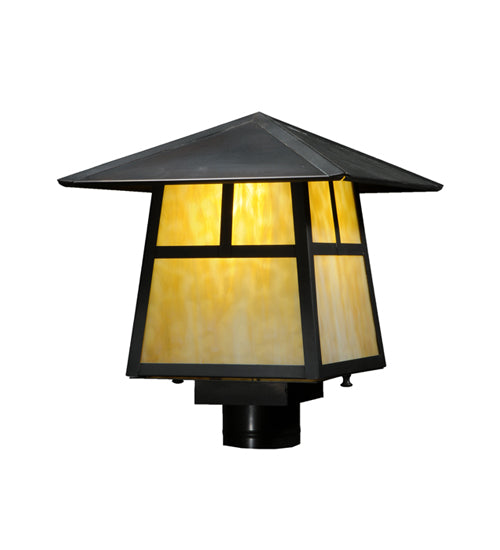 Meyda Lighting Stillwater 12"Sq Craftsman Brown T Mission Post Mount Light With Beige Shade Glass