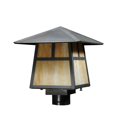 Meyda Lighting Stillwater 12"Sq Craftsman Brown T Mission Post Mount Light With Beige Shade Glass