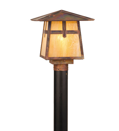 Meyda Lighting Stillwater 12"Sq Vintage Copper Cross Mission Outdoor Post Mount Light With Beige Iridescent Shade Glass