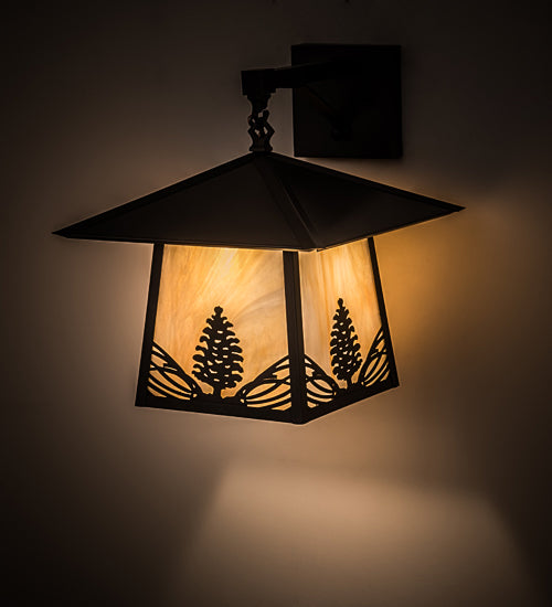 Meyda Lighting Stillwater 13" Craftsman Brown Stillwater Mountain Pine Hanging Wall Sconce With Beige Iridescent Shade Glass