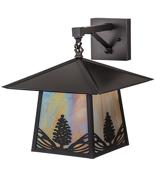 Meyda Lighting Stillwater 13" Craftsman Brown Stillwater Mountain Pine Hanging Wall Sconce With Beige Iridescent Shade Glass