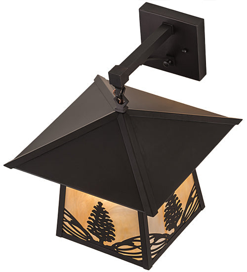 Meyda Lighting Stillwater 13" Craftsman Brown Stillwater Mountain Pine Hanging Wall Sconce With Beige Iridescent Shade Glass