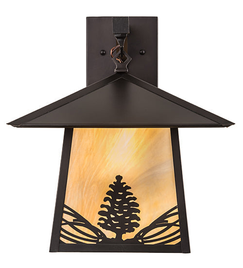 Meyda Lighting Stillwater 13" Craftsman Brown Stillwater Mountain Pine Hanging Wall Sconce With Beige Iridescent Shade Glass