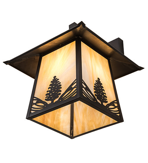 Meyda Lighting Stillwater 13" Craftsman Brown Stillwater Mountain Pine Hanging Wall Sconce With Beige Iridescent Shade Glass