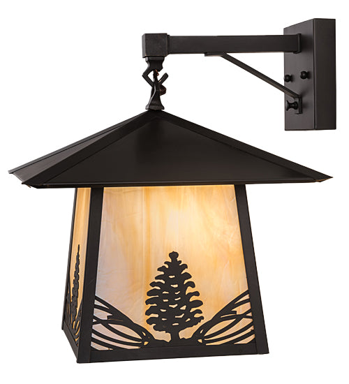 Meyda Lighting Stillwater 13" Craftsman Brown Stillwater Mountain Pine Hanging Wall Sconce With Beige Iridescent Shade Glass