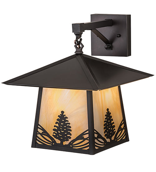 Meyda Lighting Stillwater 13" Craftsman Brown Stillwater Mountain Pine Hanging Wall Sconce With Beige Iridescent Shade Glass