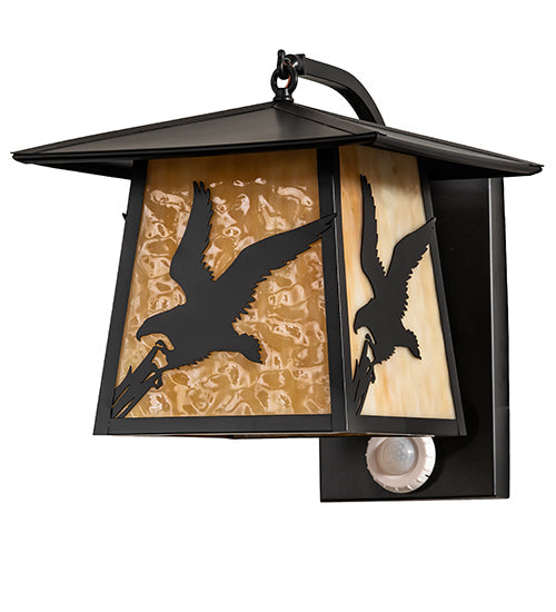 Meyda Lighting Stillwater 13" Solar Black Strike of the Eagle Wall Sconce With Beige Art Shade Glass