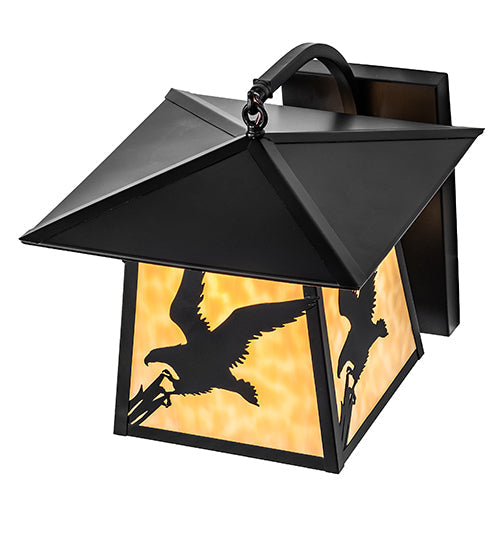 Meyda Lighting Stillwater 13" Solar Black Strike of the Eagle Wall Sconce With Beige Art Shade Glass