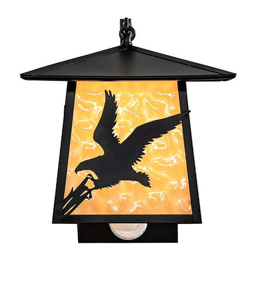 Meyda Lighting Stillwater 13" Solar Black Strike of the Eagle Wall Sconce With Beige Art Shade Glass