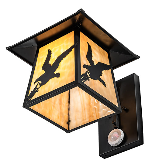 Meyda Lighting Stillwater 13" Solar Black Strike of the Eagle Wall Sconce With Beige Art Shade Glass