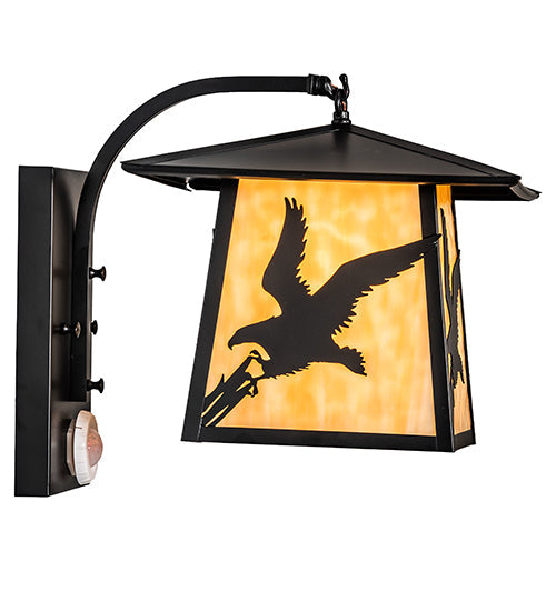 Meyda Lighting Stillwater 13" Solar Black Strike of the Eagle Wall Sconce With Beige Art Shade Glass