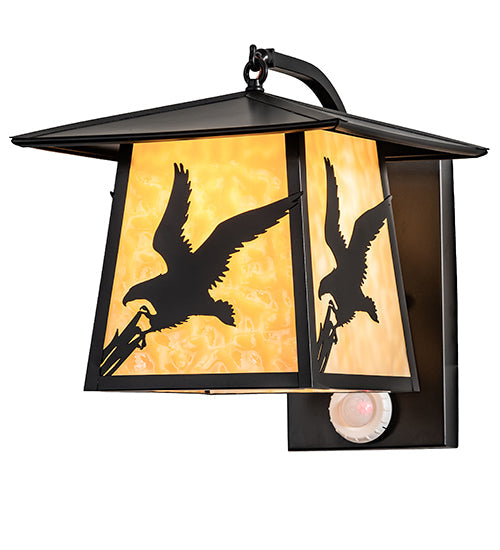 Meyda Lighting Stillwater 13" Solar Black Strike of the Eagle Wall Sconce With Beige Art Shade Glass