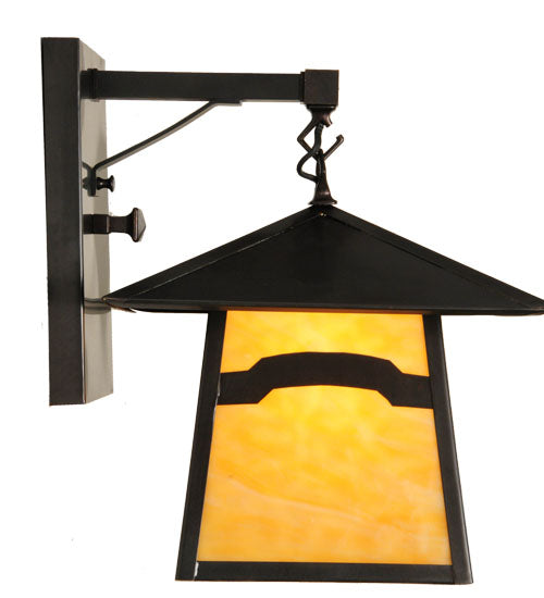 Meyda Lighting Stillwater 14" Craftsman Brown Mountain View Hanging Wall Sconce With Beige Art Shade Glass