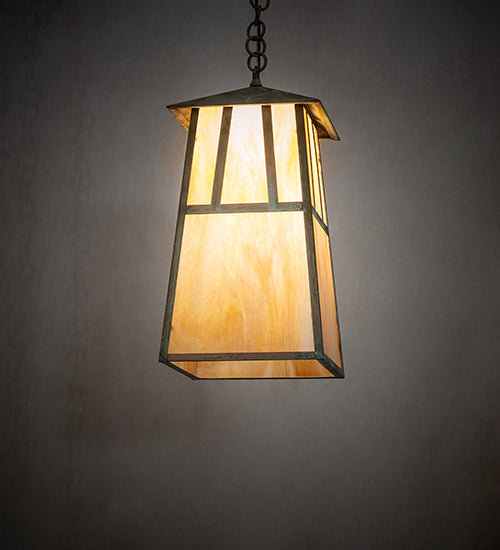 Meyda Lighting Stillwater 14" Verdigris Double Bar Mission Pendant Light With Beige Iridescent Shade Glass