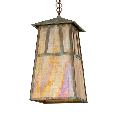 Meyda Lighting Stillwater 14" Verdigris Double Bar Mission Pendant Light With Beige Iridescent Shade Glass