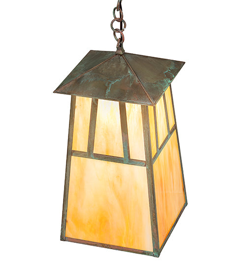 Meyda Lighting Stillwater 14" Verdigris Double Bar Mission Pendant Light With Beige Iridescent Shade Glass