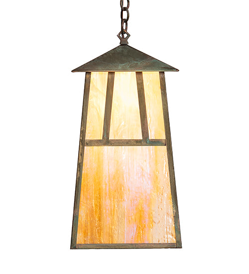 Meyda Lighting Stillwater 14" Verdigris Double Bar Mission Pendant Light With Beige Iridescent Shade Glass