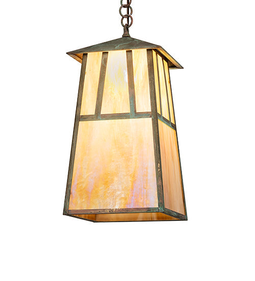 Meyda Lighting Stillwater 14" Verdigris Double Bar Mission Pendant Light With Beige Iridescent Shade Glass
