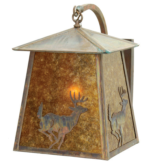 Meyda Lighting Stillwater 14" Vintage Copper Lone Deer Curved Arm Wall Sconce With Amber Mica Shade Glass