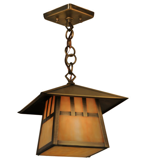 Meyda Lighting Stillwater 146941 15" Antique Brass Double Bar Mission Pendant Light With Beige Art Shade Glass
