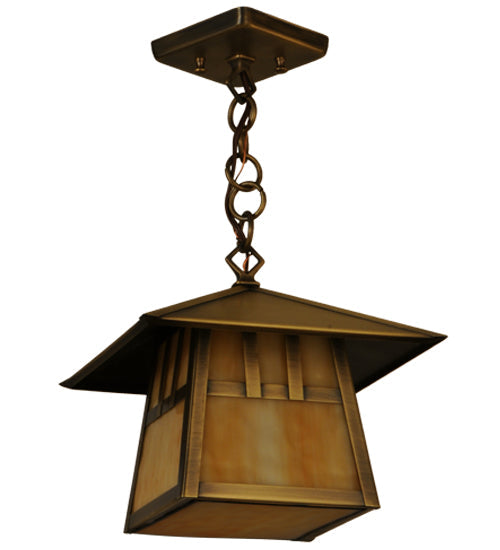 Meyda Lighting Stillwater 146941 15" Antique Brass Double Bar Mission Pendant Light With Beige Art Shade Glass