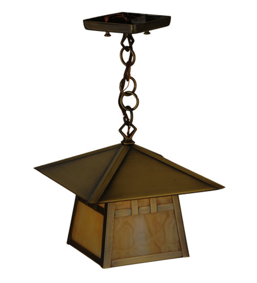 Meyda Lighting Stillwater 146941 15" Antique Brass Double Bar Mission Pendant Light With Beige Art Shade Glass