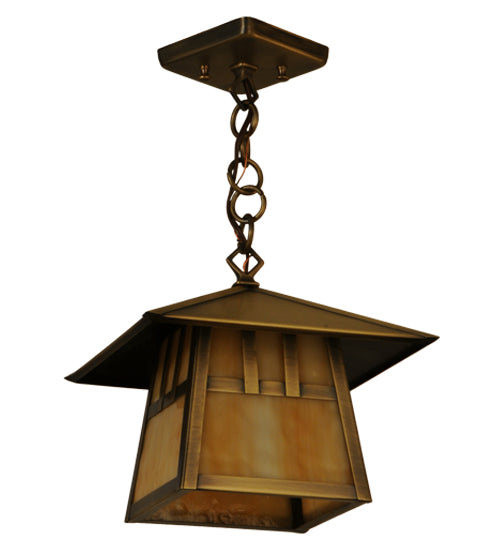 Meyda Lighting Stillwater 146941 15" Antique Brass Double Bar Mission Pendant Light With Beige Art Shade Glass