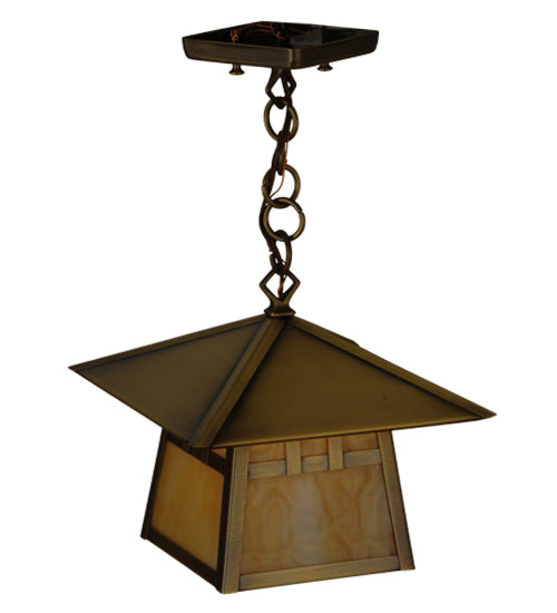 Meyda Lighting Stillwater 146941 15" Antique Brass Double Bar Mission Pendant Light With Beige Art Shade Glass