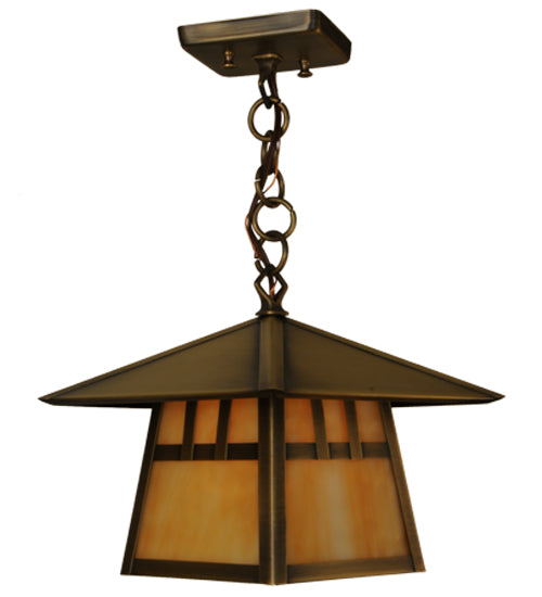 Meyda Lighting Stillwater 146941 15" Antique Brass Double Bar Mission Pendant Light With Beige Art Shade Glass