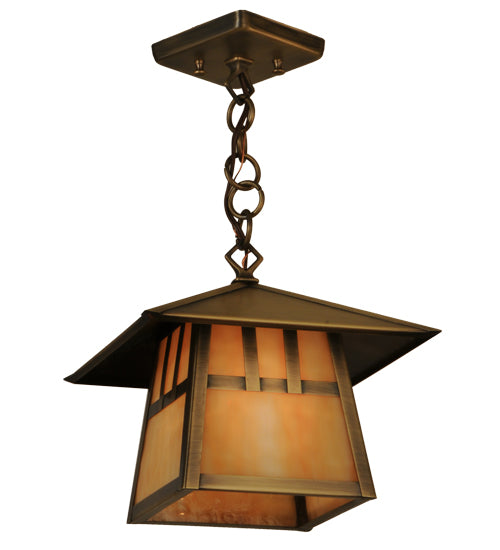 Meyda Lighting Stillwater 146941 15" Antique Brass Double Bar Mission Pendant Light With Beige Art Shade Glass