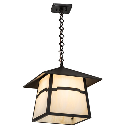 Meyda Lighting Stillwater 14"Sq Craftsman Brown Mountain View Pendant Light With Beige Opal Shade Glass