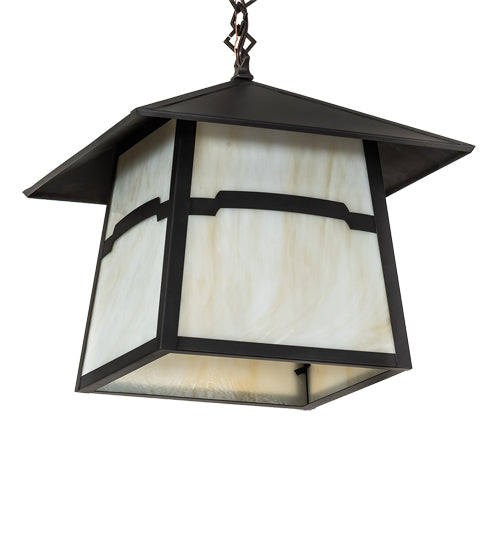 Meyda Lighting Stillwater 14"Sq Craftsman Brown Mountain View Pendant Light With Beige Opal Shade Glass