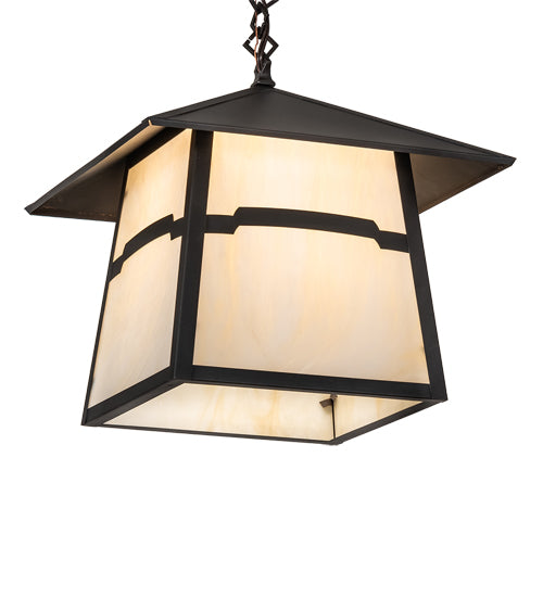 Meyda Lighting Stillwater 14"Sq Craftsman Brown Mountain View Pendant Light With Beige Opal Shade Glass