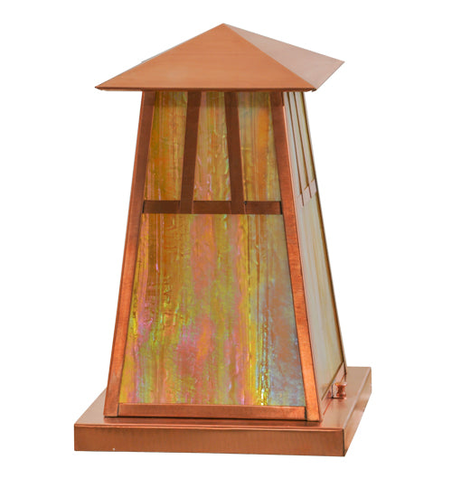 Meyda Lighting Stillwater 14"W x 14"H Raw Copper Double Bar Mission Outdoor Pier Mount Light With Beige Iridescent Shade Glass