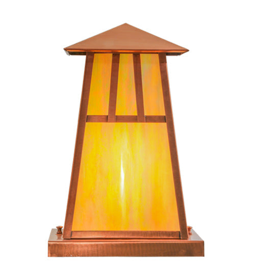 Meyda Lighting Stillwater 14"W x 14"H Raw Copper Double Bar Mission Outdoor Pier Mount Light With Beige Iridescent Shade Glass