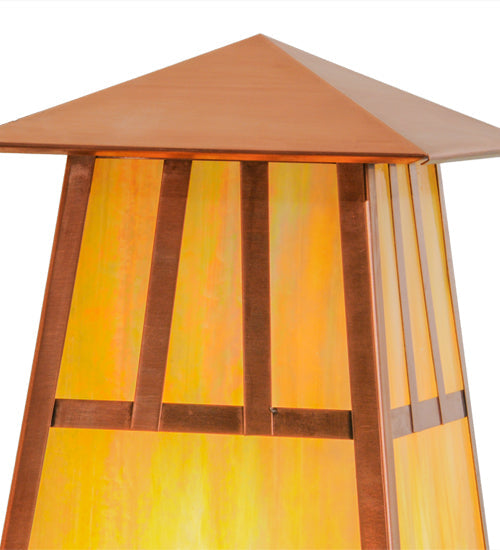 Meyda Lighting Stillwater 14"W x 14"H Raw Copper Double Bar Mission Outdoor Pier Mount Light With Beige Iridescent Shade Glass