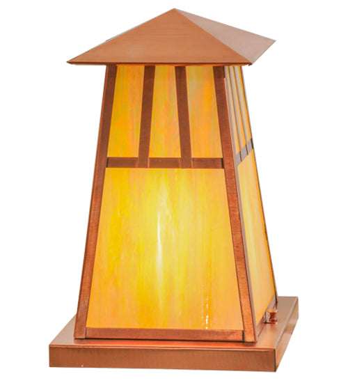 Meyda Lighting Stillwater 14"W x 14"H Raw Copper Double Bar Mission Outdoor Pier Mount Light With Beige Iridescent Shade Glass