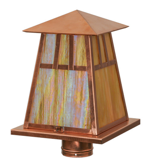 Meyda Lighting Stillwater 14"W x 15"H Natural Copper Double Bar Mission Outdoor Post Mount Light With Beige Iridescent Shade Glass