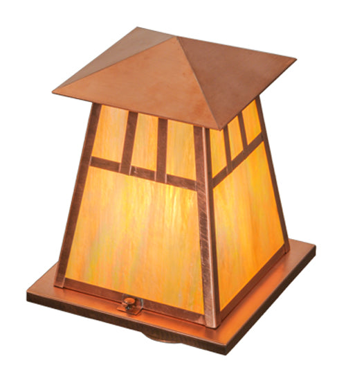 Meyda Lighting Stillwater 14"W x 15"H Natural Copper Double Bar Mission Outdoor Post Mount Light With Beige Iridescent Shade Glass
