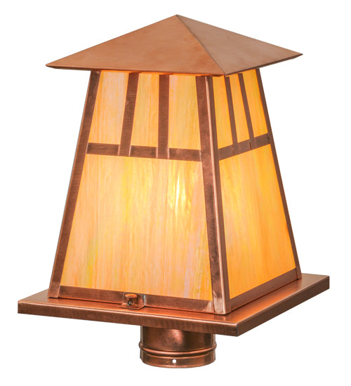 Meyda Lighting Stillwater 14"W x 15"H Natural Copper Double Bar Mission Outdoor Post Mount Light With Beige Iridescent Shade Glass