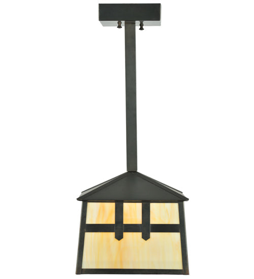 Meyda Lighting Stillwater 15" Craftsman Brown Double Cross Mission Mini Pendant Light With Beige Art Shade Glass